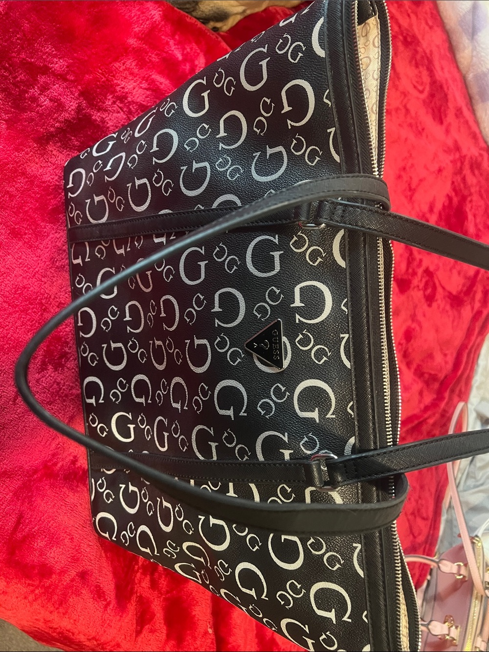 Guess Black Monogram Shoulder Bag with White Logo Print